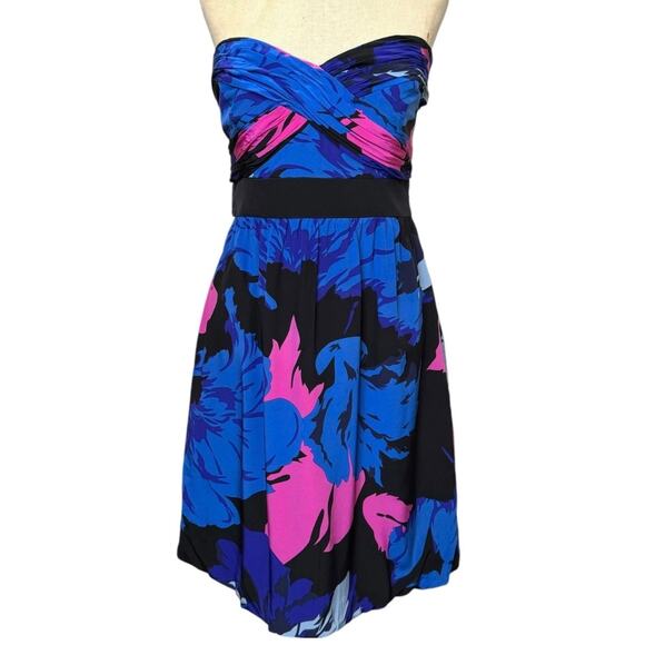 Tibi Size 10 !00% Silk Blue & Pink Floral Strapless Cocktail Dress - Picture 1 of 7